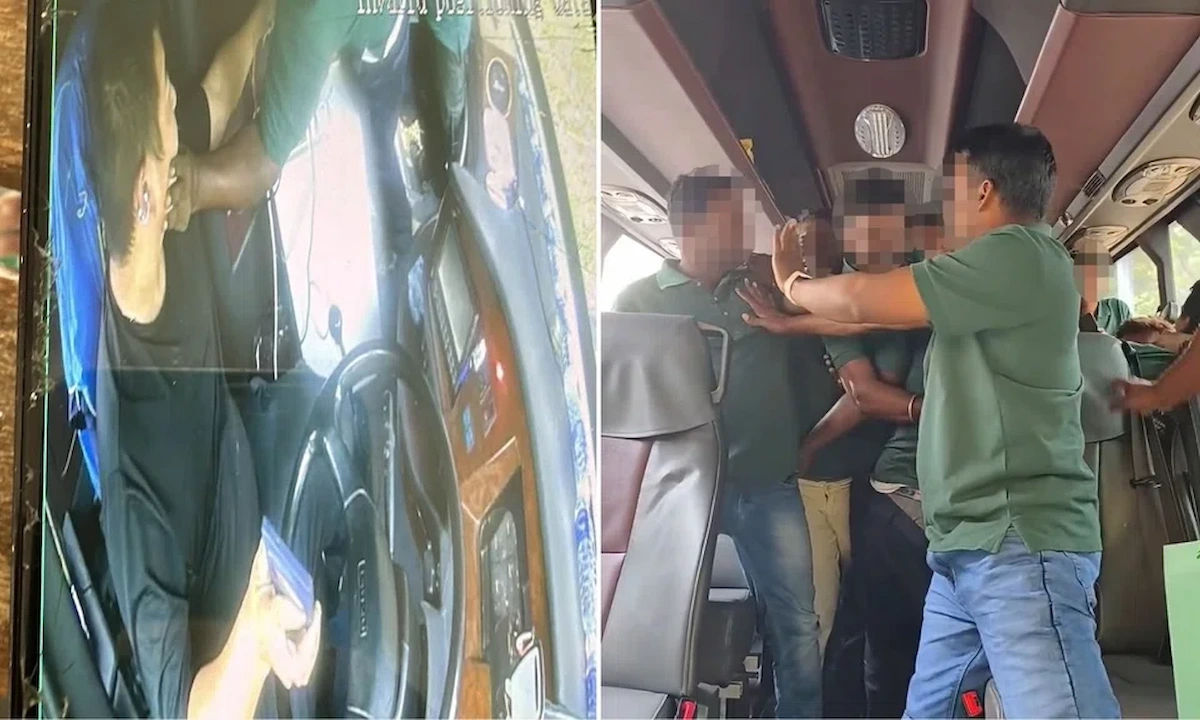 பேருந்துக்குள் வெளிநாட்டு ஊழியர்கள் மோதல் – ஓட்டுநரை தள்ளி இழுத்து அட்டூழியம்!